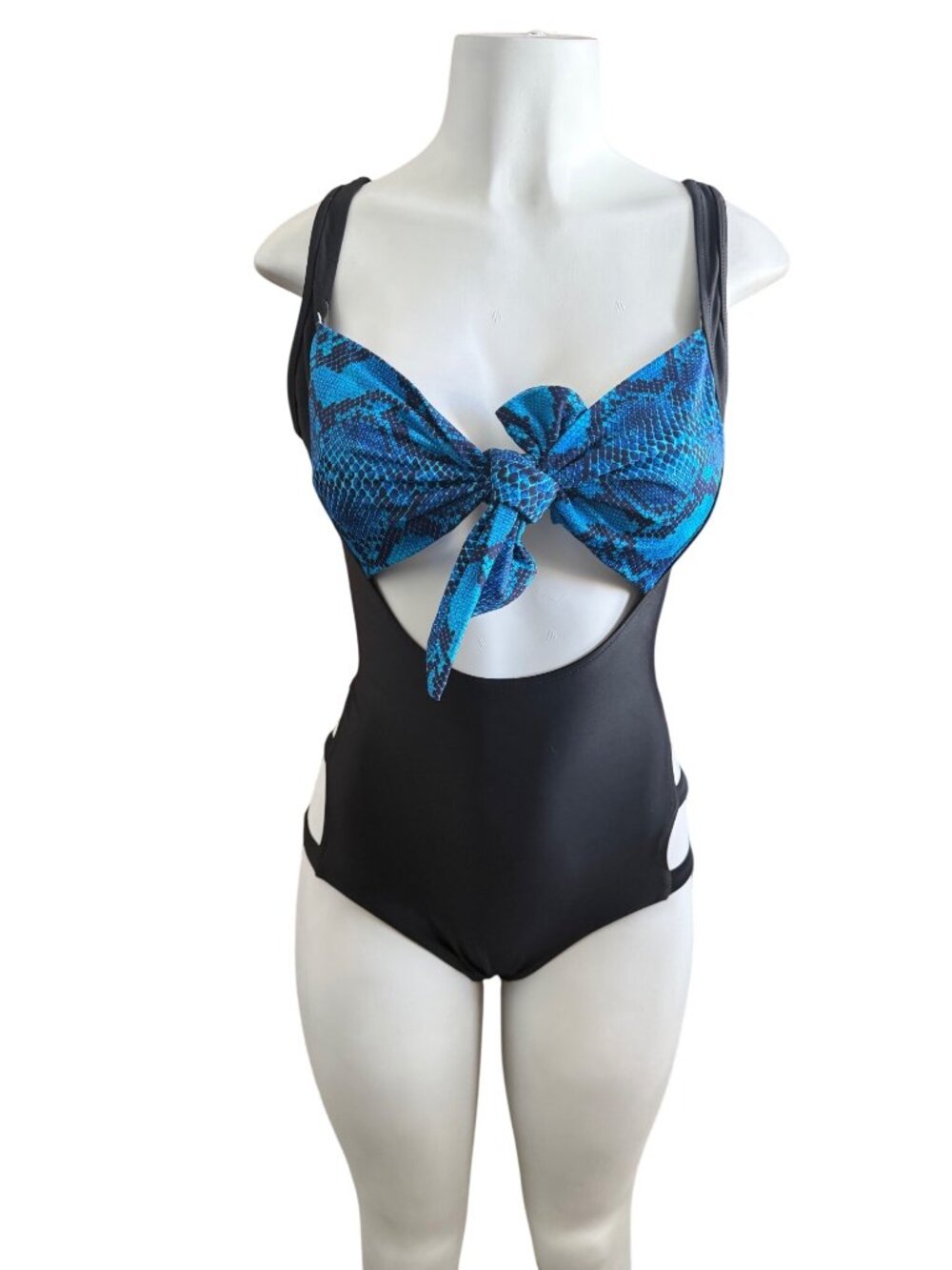 Kathy Ireland Swim Trunkettes Black One-Piece Swimsuit With Blue Snakeskin Bow